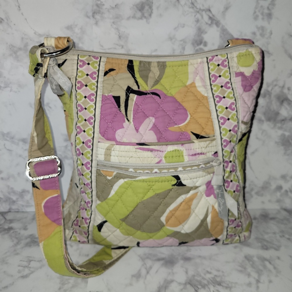 Vera Bradley Plum Crazy Hipster Crossbody Bag Quilted Floral Purple Green Tan